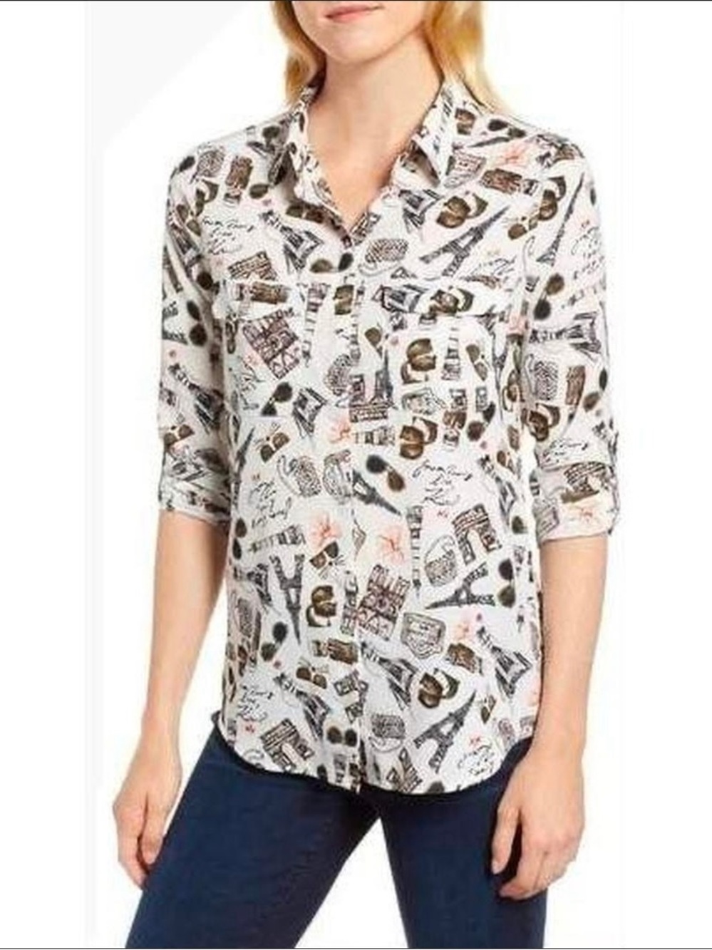 Karl Lagerfeld Button-Down Paris Print Blouse